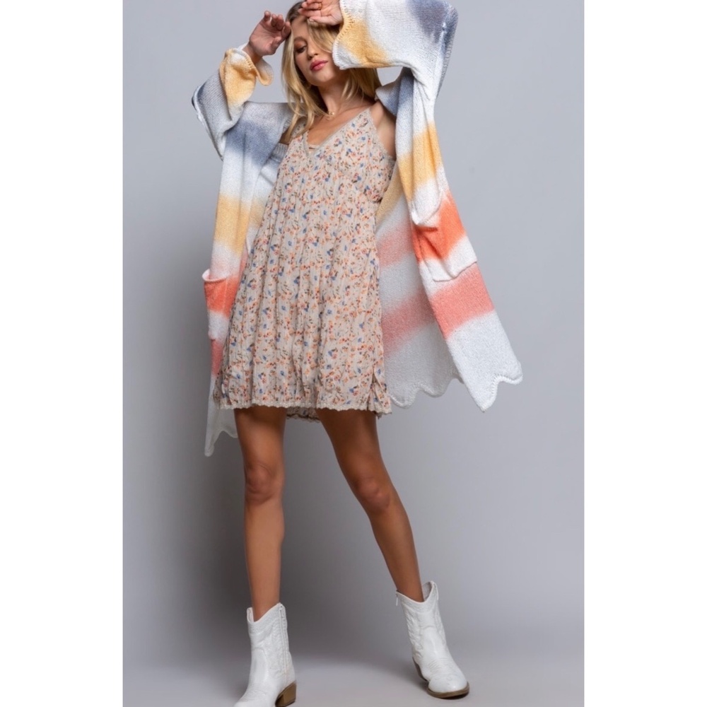 POL Off White Multi Stripe LightweightTransitional Knit Midi Cardigan - Picture 3 of 5
